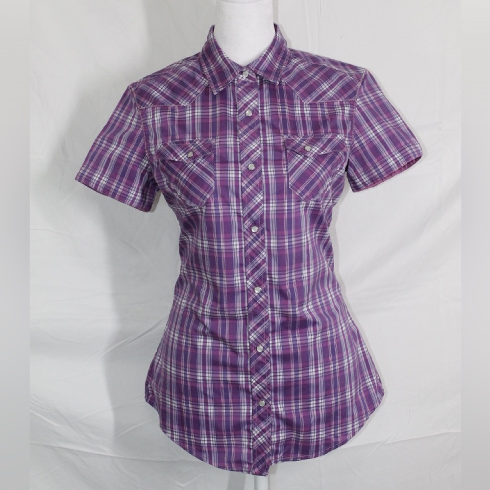 Purple Plaid Short-Sleeve Button-Up Shirt for Women